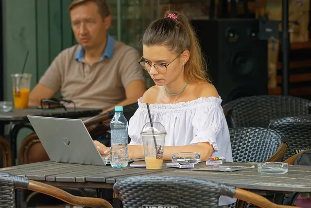 girlie, blond, pretty, eyeglasses, working, online, laptop, backgammon, terrace, cigarette, coffee, water, people, nature, technology. Microsoft Forms, Google Forms, SurveyMonkey and Typeform for community research